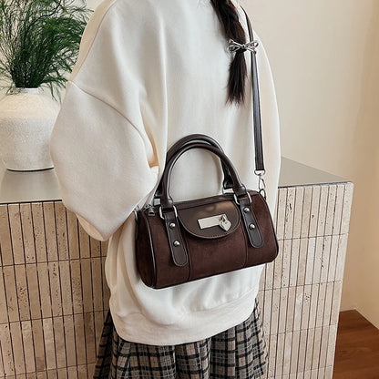 Faux Suede Shoulder Bag - Vintage Style Small Bucket Crossbody With Zipper Closure