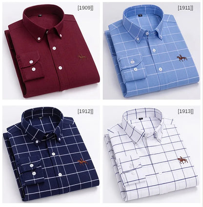 100% Pure Cotton Men's Long Sleeve Shirt Business Casual Solid Color Embroidered Oxford Spun Shirt