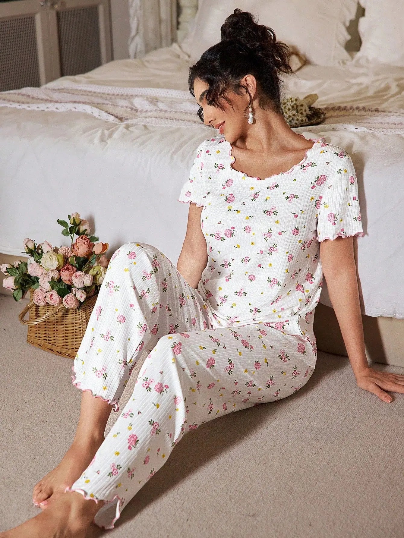 New European and American style loose-fitting women's pajamas, floral short-sleeved long pants home wear, casual two-piece set s