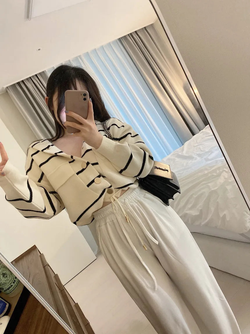 Loose Women's Knitted Cardigan Coat with Big Pockets Striped Splicing Drawstring Hem Single Buttoned Open Front Sweater