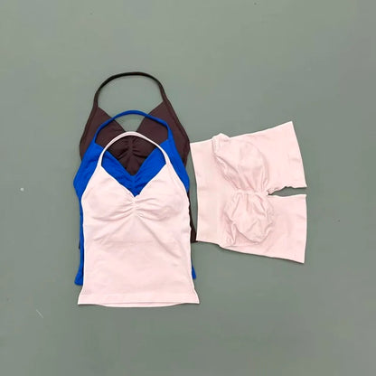 2Pcs HISTELLO Yoga Set Women Halter Tank Top Scrunch Butt Lifting Shorts Ruched Anti Chafe Quick Dry Gym Workout Sports Set