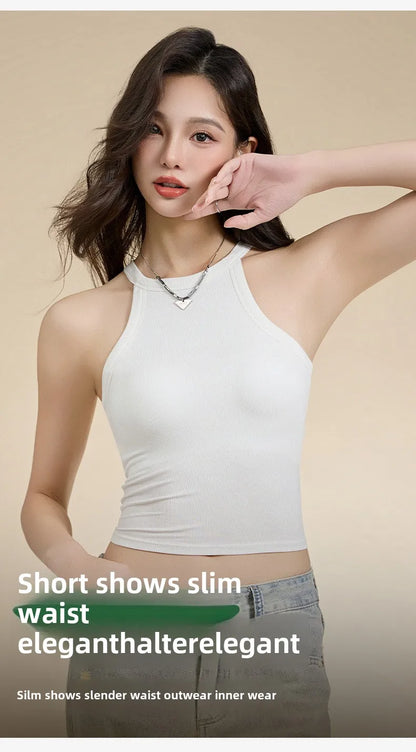 Threaded Halter Neck Camisole Top With Build-in Bra High Elastic Slim-fitting Sling Fixed Cup Breathable Women Underwear