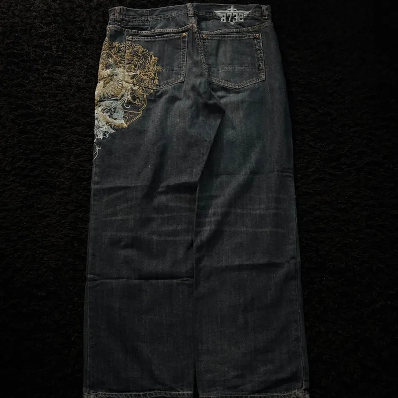 American New Fashion Oversize Pattern Embroidered Baggy Jeans Men Y2K Gothic Harajuku Hip Hop Straight High Waist Wide Leg Pants