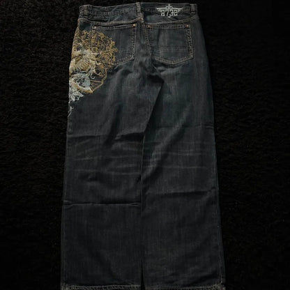 American New Fashion Oversize Pattern Embroidered Baggy Jeans Men Y2K Gothic Harajuku Hip Hop Straight High Waist Wide Leg Pants