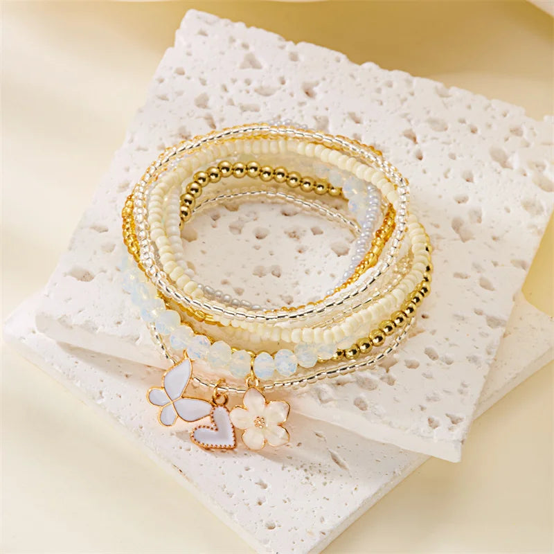 9pcs/set Bohemian Butterfly Flower Pendant Bracelet for Women Handmade Rice Beads Stacked Bracelet Summer Beach Party Jewelry