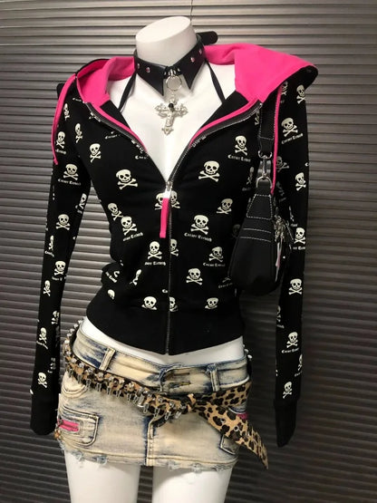 2000s Y2k Gothic Punk Skeleton Print Cardigan Contrast Hooded Sweatshirt Jacket Women Spring Autumn 2025 New Slim Fit Black Tops