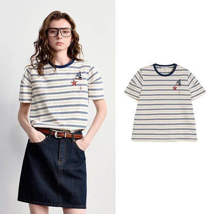 Women's Nautical Stripe T-Shirt – Embroidered Sailboat Summer Top
