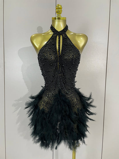 Backless Halter Dress - Women's Party Mini Sheath With Rhinestone & Feather Details