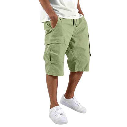 2026 Summer men loose straight pants Casual multi-pocket Shorts pure color fashion Men Shorts drawstring daily cargo short pants
