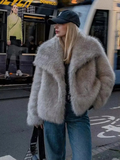 Faux Fur Coat Women’s Winter Jacket – Warm Fluffy Loose Lapel Outerwear