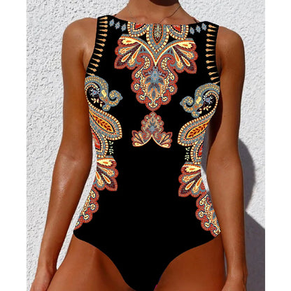 2026 New Printed One-piece Swimsuit Classic Printed Lace Up Swimsuit Women's Push Up Flower One-piece Suit Beach Wear For Female