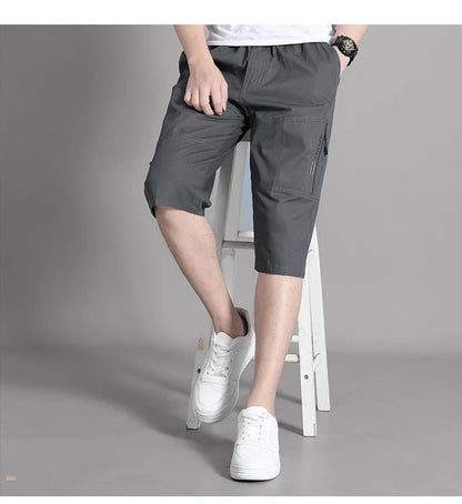 Mens Cargo Shorts - Knee Length Cotton Shorts With Zipper Pockets & Elastic Waist