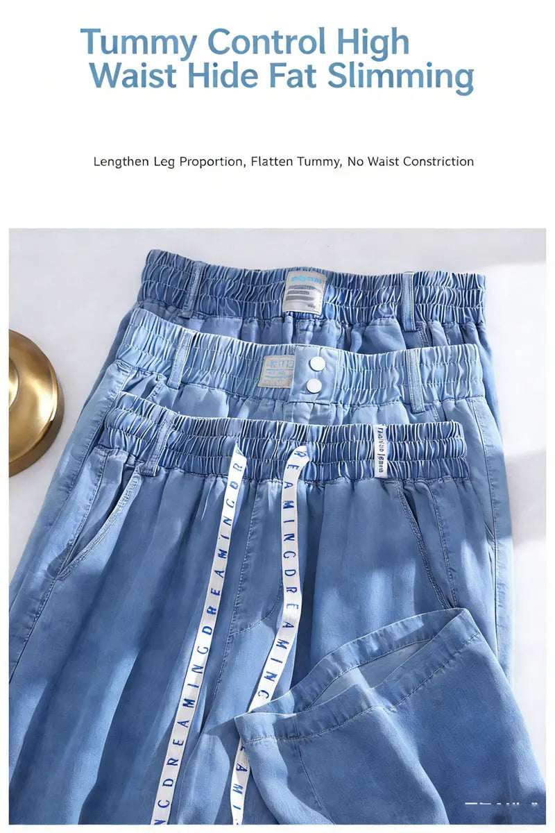 Plus Size Loose Fit Ice Silk Jeans Casual Yoga Demin Pants Women's Summer Trendy Brand Thin Wide Leg Pants Feel Comfortable