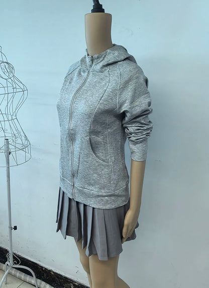 Gray Zipper Hooded Sweatshirt Women 2026 New Korean Slim Fit Cardigan Long Sleeve Coat Woman Solid Pockets Sports Hoodies Jacket