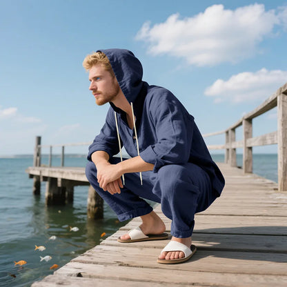 New Spring and Autumn Style Loose Men's Hoodie Set, Linen Material Beach Casual Two-Piece Suit