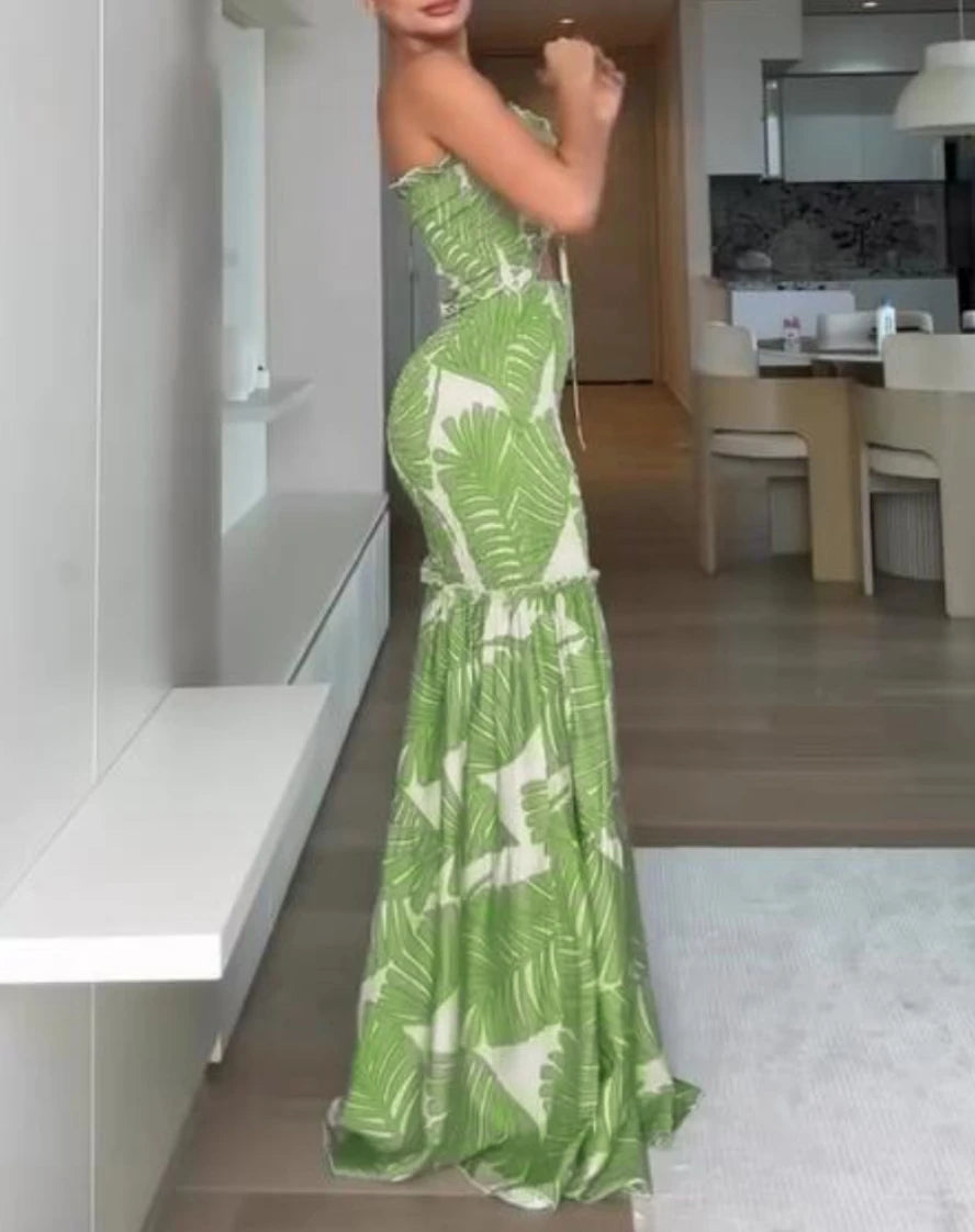 Tropical Print Dress - Slim Fit Mermaid Ruffle Hem Ankle Length Vacation Outfit