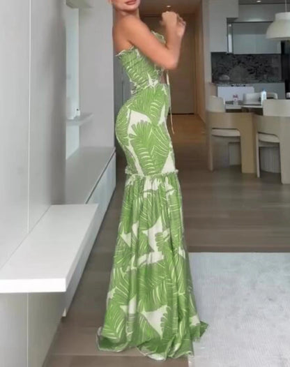 Tropical Print Dress - Slim Fit Mermaid Ruffle Hem Ankle Length Vacation Outfit