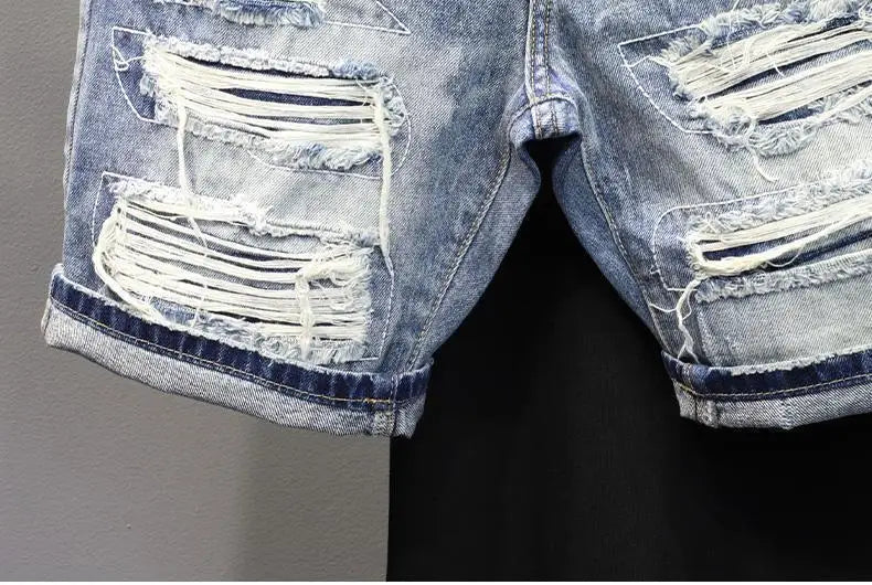 Men's Denim Shorts – Slim Fit Casual Knee Length Pants With Ripped Patch Detail