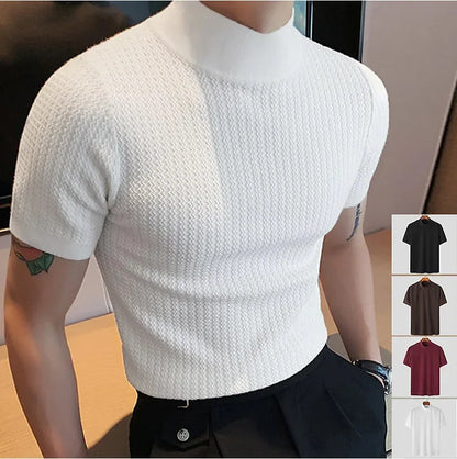 Men's High Neck T-Shirt – Casual Summer Knitted Base Tee | Breathable Polyester Top