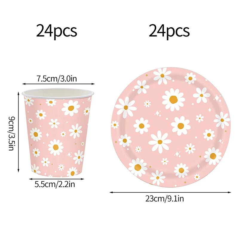 Pink Daisy Disposable Tableware Set - 24pcs Plates Napkins Straws for Birthday Baby Shower Wedding Decor
