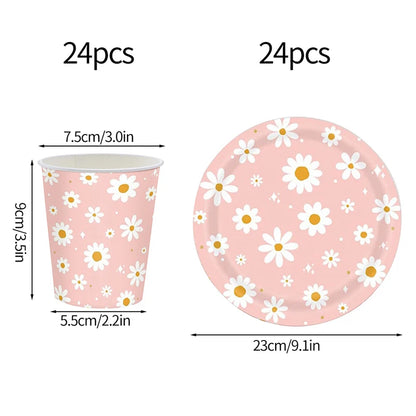 Pink Daisy Disposable Tableware Set - 24pcs Plates Napkins Straws for Birthday Baby Shower Wedding Decor