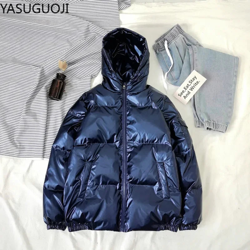 Streetwear Fashion Bright Silver Puffer Jackets for Men Thicken Winter Mens Coats Casual Hooded Cotton Wadded Heated Jacket Men