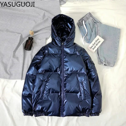 Streetwear Fashion Bright Silver Puffer Jackets for Men Thicken Winter Mens Coats Casual Hooded Cotton Wadded Heated Jacket Men
