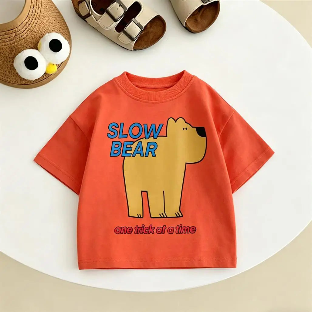 Printing Tshirt Child Boys Summer Crewneck Tops Loose Pure Cotton Tees Kids Cute Print T-shirt Baby Clothes Thin Short Sleeve