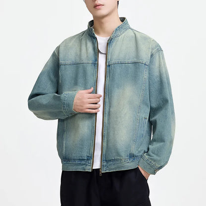 Men's Casual Non-Stretch Denim Jacket High Street Style Zipper Loose Workwear Jacket Plus Size Trendy Streetwear Top