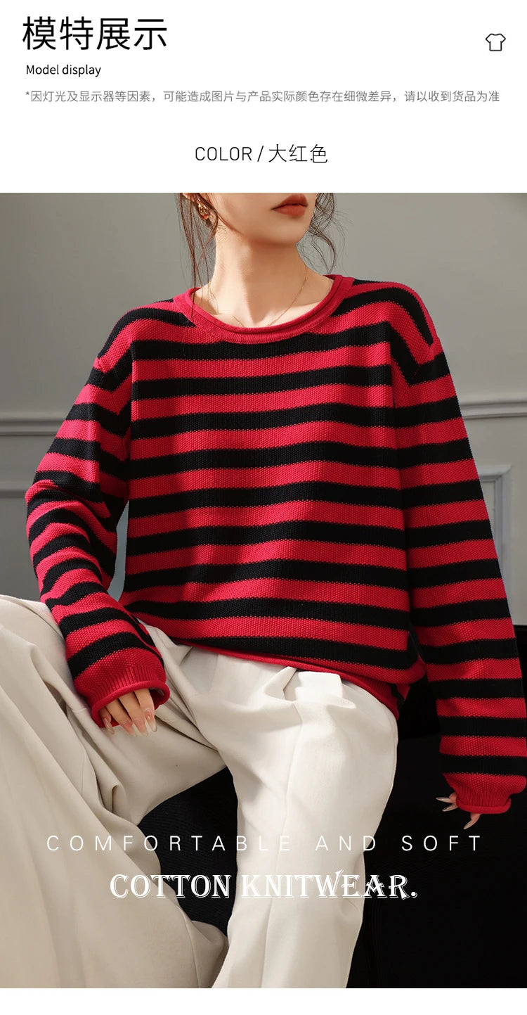 Fashion 100% pure cotton women's sweater autumn and winter casual striped knitted top loose Korean round neck women's pullover