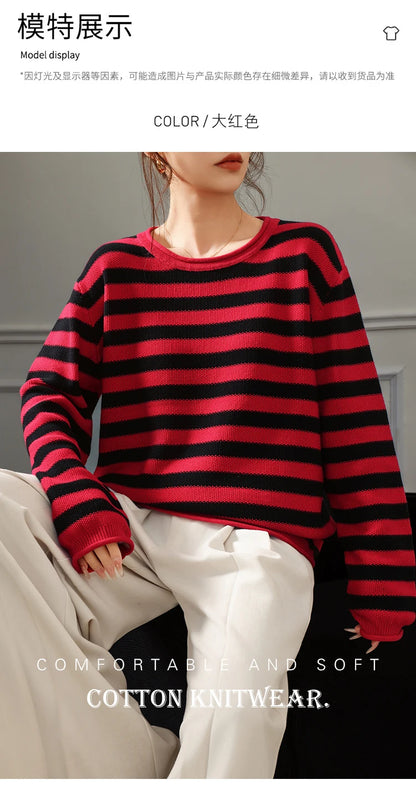 Fashion 100% pure cotton women's sweater autumn and winter casual striped knitted top loose Korean round neck women's pullover