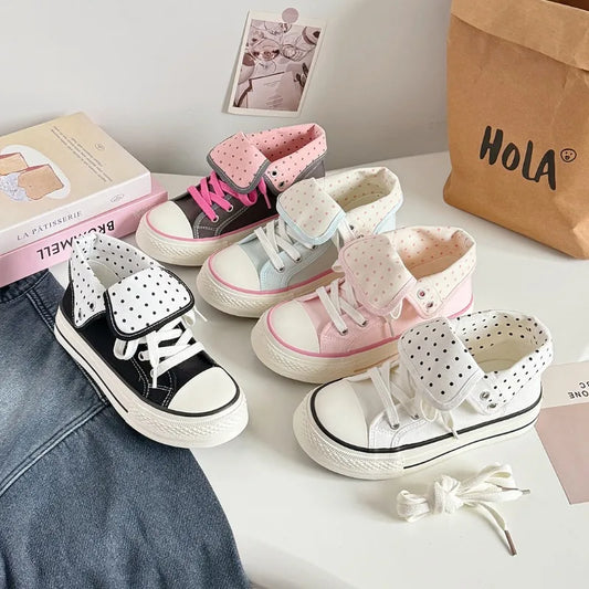 Women's High Top Platform Canvas Sneakers Polka Dot Foldable Collar Lace Up Breathable Korean Style Casual Shoes Fall 2026