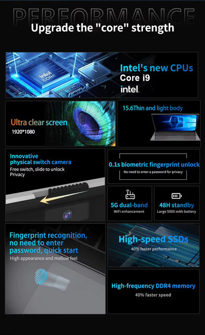Portable Intel Core I9 10980HK Laptop 16GB RAM 1TB 2TB SSD Windows 11 15.6 inch Gaming Computer Fingerprint Unlock PC 4K Laptops