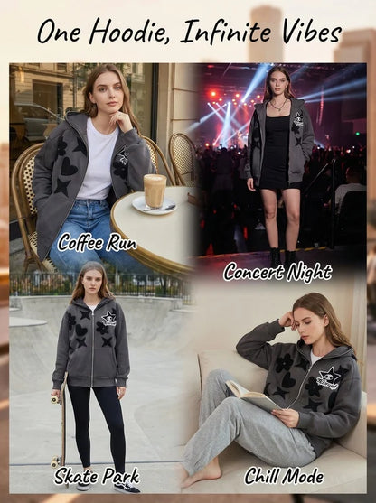 Women Retro Embroidery Hoodies Autumn Winter Zip Up Long Sleeve Loose Jacket Coats Y2k Harajuku Casual P