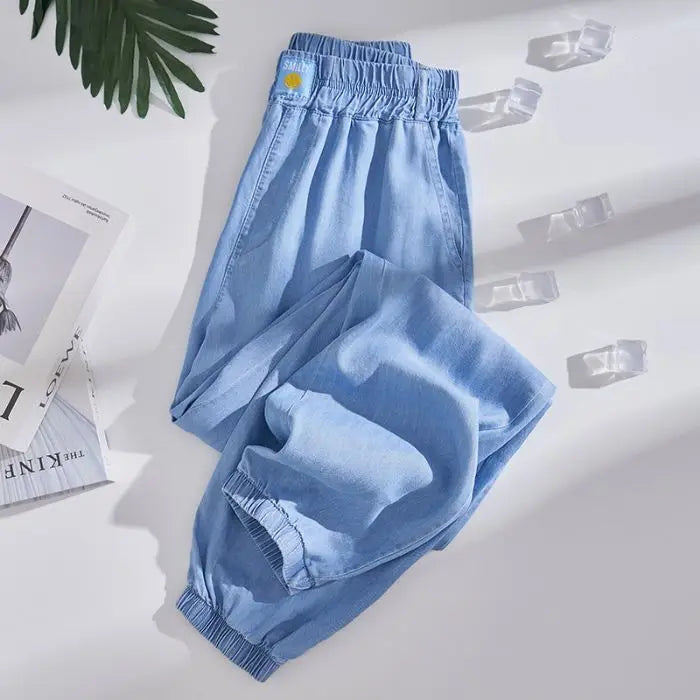 Plus Size Ice Silk Denim Pants Yoga Sports Thin Loose Style Women's Summer Casual Wide Leg Pants Harajuku Style Loose Waist
