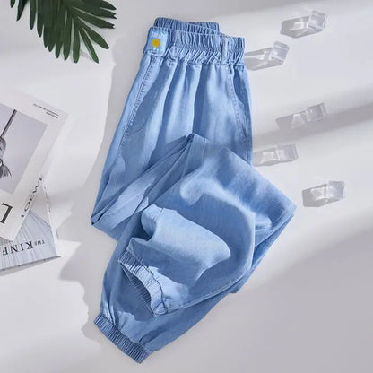 Plus Size Ice Silk Denim Pants Yoga Sports Thin Loose Style Women's Summer Casual Wide Leg Pants Harajuku Style Loose Waist