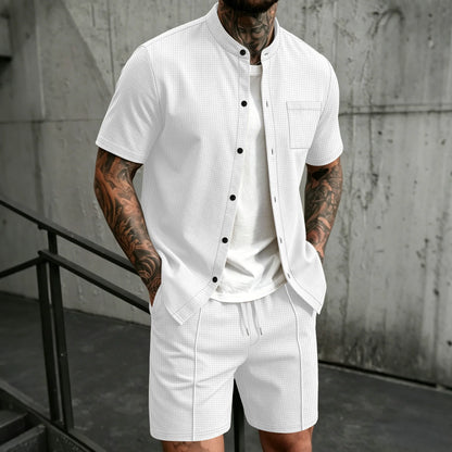 Men's new summer style waffle plain-color crew-neck t-shirt with pocket short-sleeved set with beach shorts men's casual suit