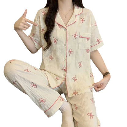 French-Style Sweet Bow Pajamas for Women: Summer Short-Sleeve Long-Pants Set with Cloud-Print, Soft and Cozy Cotton Loungewear