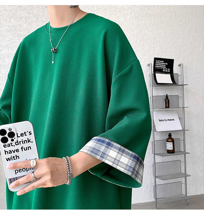 men t shirts Summer Men's T-shirts Women Oversized 2XL Korean Style Loose Plaid T-shirt Casual Seven sleeves T-Shirt Male White