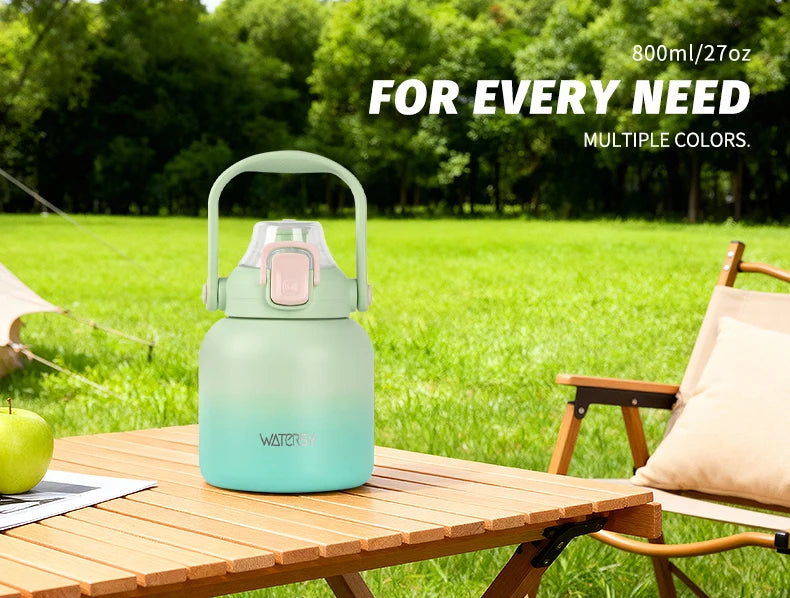 WATERSY 800ml Stainless Steel Water Bottle Double Wall Vacuum Insulated Thermal Cup with Straw & Handle, for Travel Gym Office