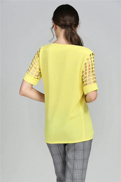 Summer Fashion Women Blouses & Shirts Hollow Out Sleeve Slash Neck Chiffon Blouse Plus Size