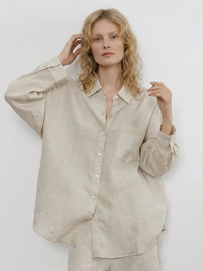 Summer Blue Linen Shirts For Women Oversized Long Sleeve Tops Green Shirt Woman Work Basic Linen Tops Women White Shirts Ladies