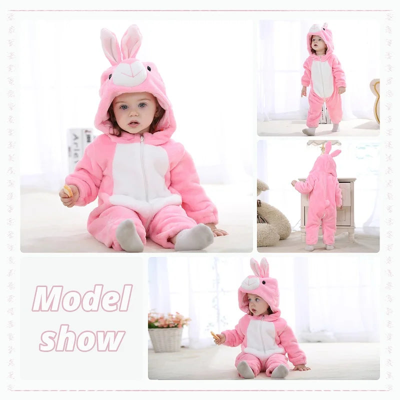 Baby Winter Rompers - Soft Polyester Hooded Jumpsuit With Animal Pattern, Machine Washable