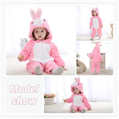 Baby Winter Rompers - Soft Polyester Hooded Jumpsuit With Animal Pattern, Machine Washable