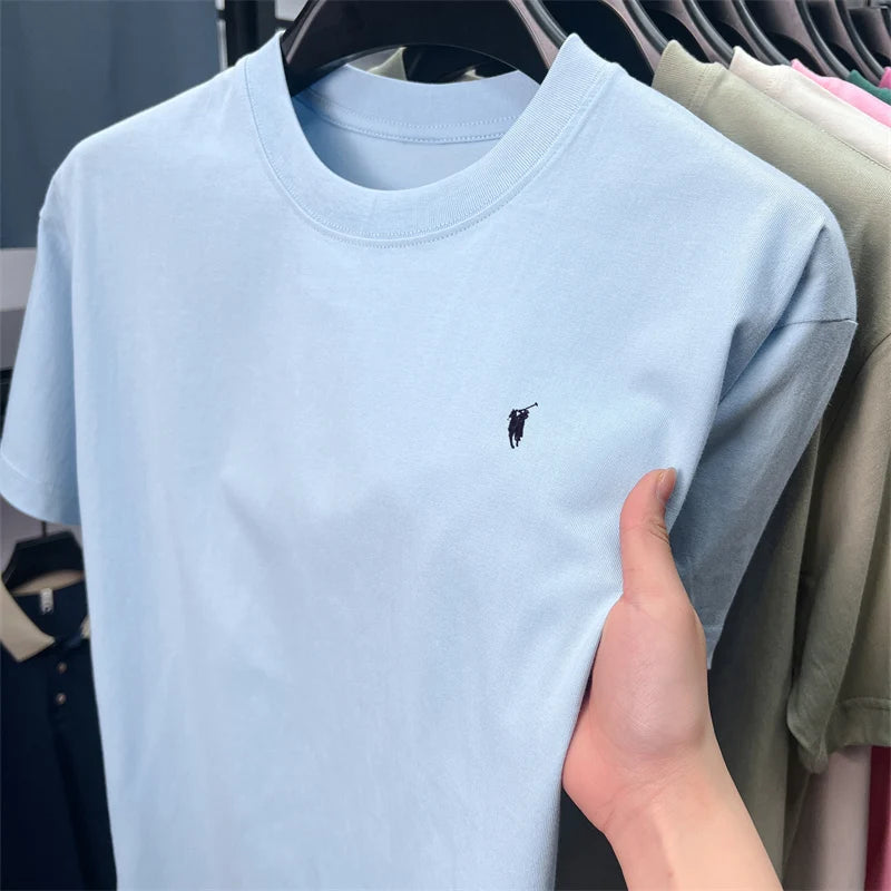 Xiaoma Embroidery Casual Pure Cotton Short Sleeved T-shirt for Young Men, Round Neck Solid Color T-shirt for Men