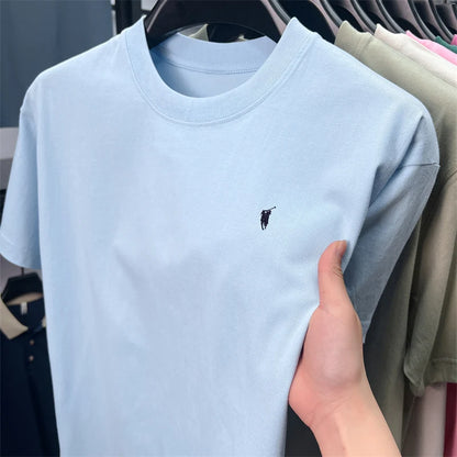 Xiaoma Embroidery Casual Pure Cotton Short Sleeved T-shirt for Young Men, Round Neck Solid Color T-shirt for Men