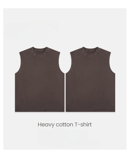 230g Pure Cotton European and American High Street Retro Washed Distressed Sleeveless Vest Men's Casual Loose Shoulder T-shirt