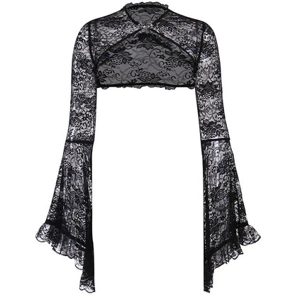 Lace Mall Gothic See Through Shrug Tops Grunge Aesthetic Black Flare Sleeve Crop Top Women Vintage Punk Sexy Clothing
