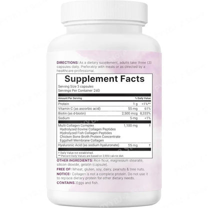 Multi Collagen Pills 240 Capsules | Type I II III V X | Hydrolyzed Protein Peptides with Biotin Hyaluronic Acid & Vitamin C