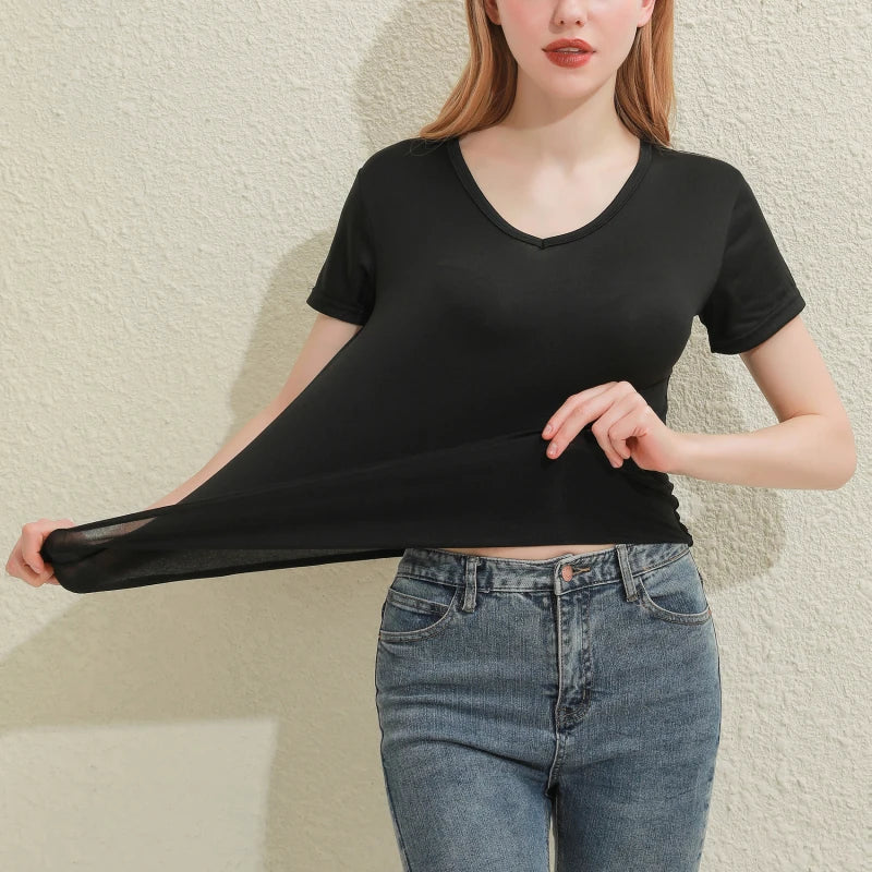Women's Cotton V-Neck T-Shirt – Slim-Fit Solid Tee (Black/White)